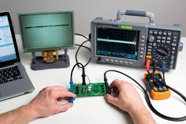 An engineer probing a display board with an oscilloscope while diagnosing LCD display noise
