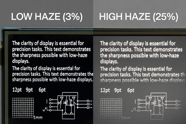 A split comparison showing sharper text on a low-haze display and softer text on a high-haze display