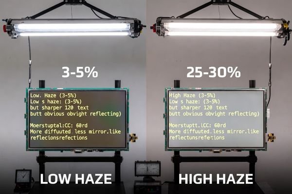 An image showing a side-by-side comparison of two identical LCD modules, one low-haze and one high-haze, under bright overhead lighting