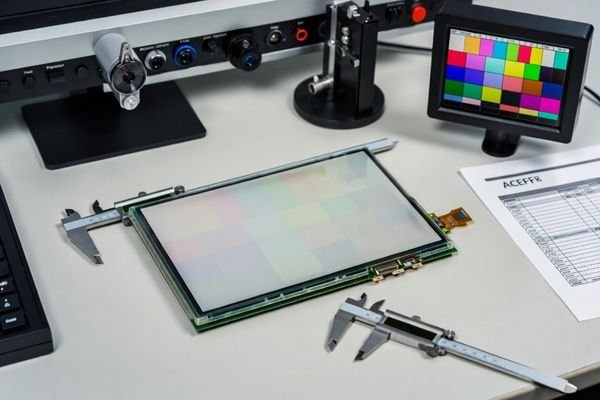 Industrial LCD display module undergoing quality inspection with test pattern and measurement tools for acceptance criteria verification