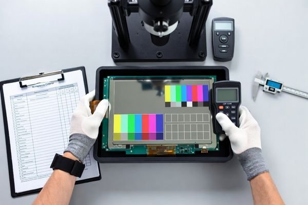 An engineer inspecting an LCD module with a checklist and measurement tools