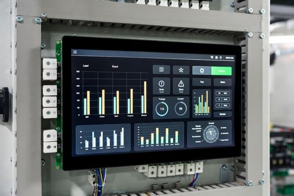 Large industrial LCD display module integrated into a power distribution cabinet for status monitoring and electrical data display