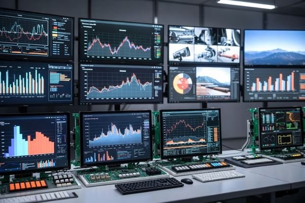 Control-room monitoring system with multiple LCD display modules showing consistent dashboards, alarms, and data panels