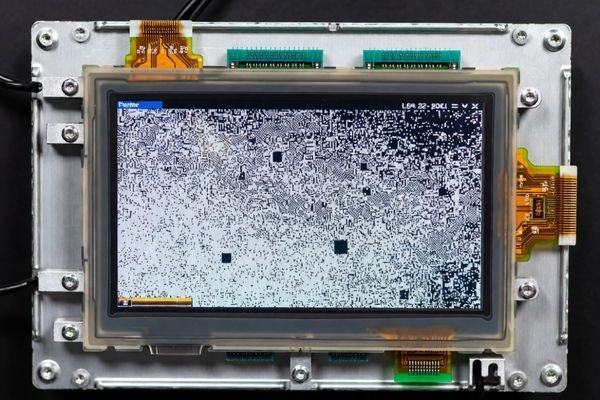 An LCD display module showing random flickering pixel noise or snow on the screen