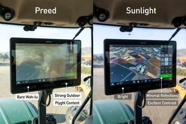 A side-by-side comparison of a standard display vs. a sunlight-readable display in an outdoor setting