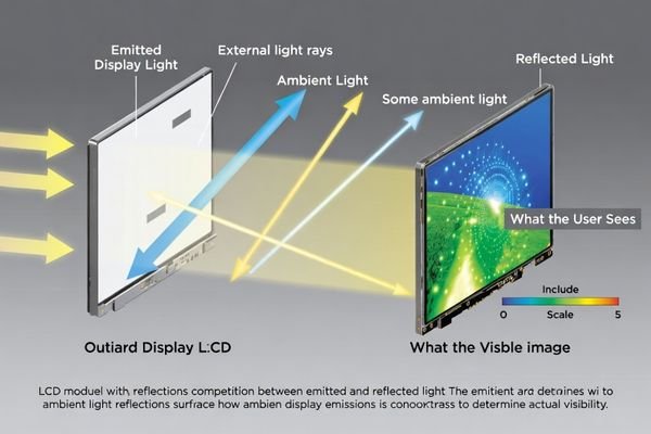 A diagram showing emitted display light competing with reflected ambient light on an LCD screen