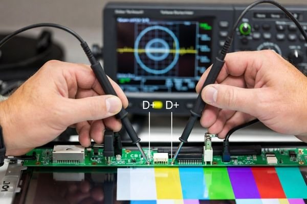 An engineer using a high-speed oscilloscope with differential probes to perform an eye diagram test