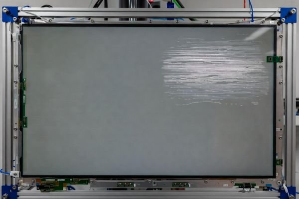 An LCD screen showing fixed-position sparkle noise in the upper-right corner