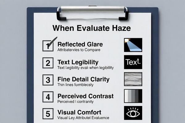 A checklist of items to compare during haze validation, including text clarity, glare severity, and user comfort