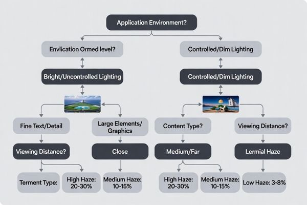 A decision tree for selecting an LCD module haze level based on environment and viewing needs