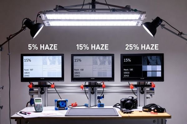 An image of a test setup with multiple LCD modules in a rig, being observed under different controlled light sources