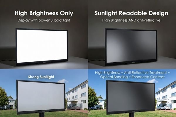 A comparison showing a bright LCD module in lab conditions and a sunlight-readable display working effectively outdoors