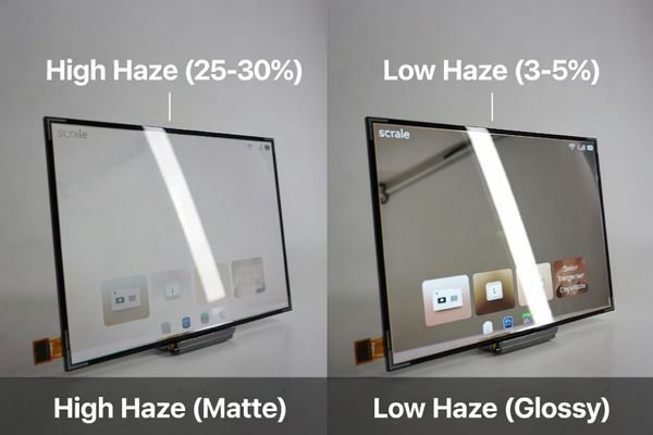 A side-by-side comparison of two LCD modules, one with high haze and one with low haze