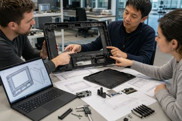 An image of a technical drawing or CAD model showing the key mechanical dimensions of a custom display within a product enclosure
