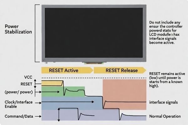 Diagram showing RESET synchronized with LCD power and interface timing for stable startup