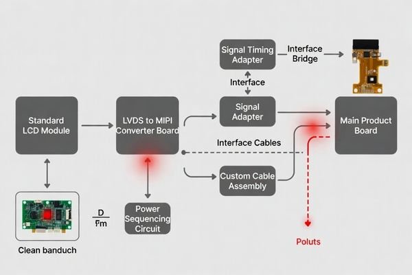 A diagram showing a complex web of adapter cables and boards needed to connect a standard display to a custom mainboard