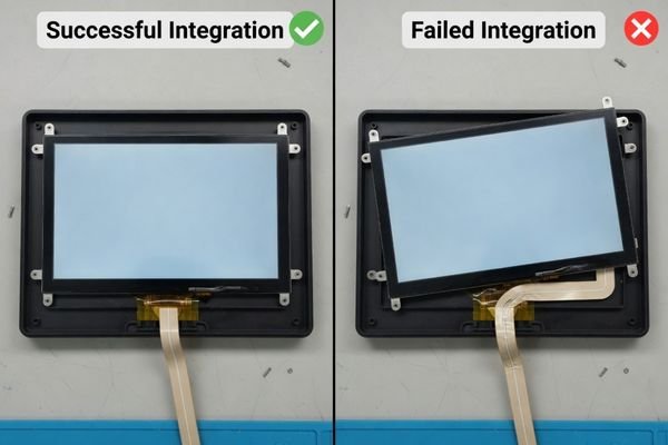 A split image showing a perfect fit on one side and a misaligned LCD module with cable interference on the other