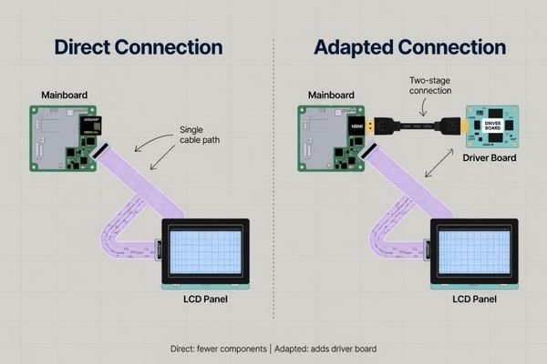A diagram showing a mainboard with an LVDS/eDP output connecting directly to an LCD, contrasted with a mainboard with an HDMI output that requires a separate driver board to connect to the same LCD
