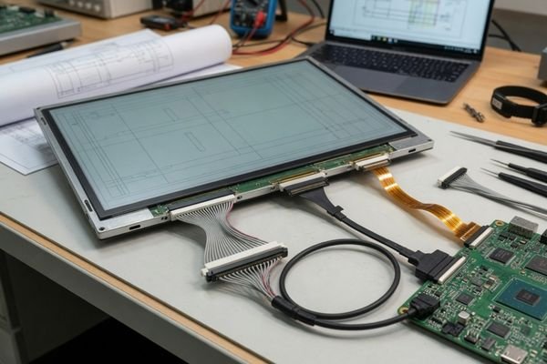 Industrial LCD module with LVDS, eDP, and MIPI interface connections in an engineering comparison workspace