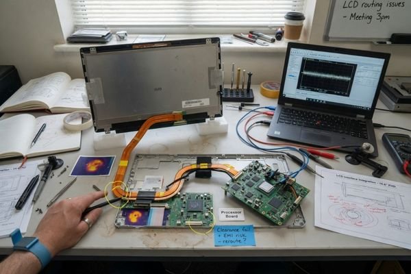 An image showing a system diagram where the LCD interface affects the processor, cable path, connector type, and enclosure layout