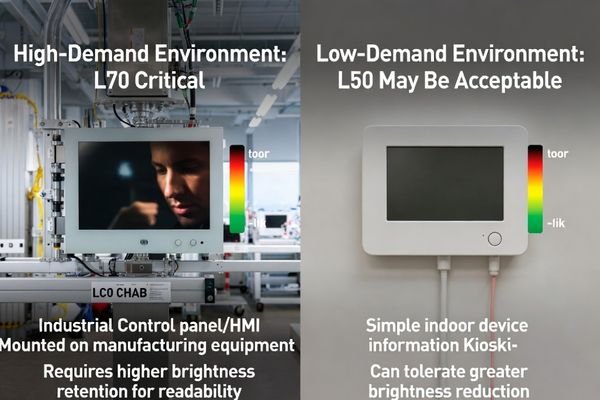 An image showing a split screen: one side a bright industrial HMI (L70 is key), the other a simple indoor thermostat (L50 might be okay)
