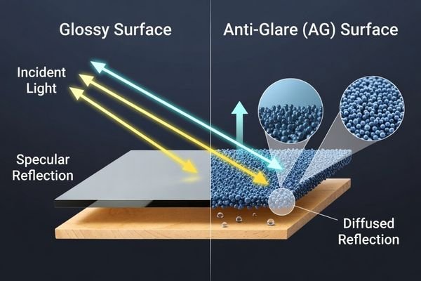 A close-up illustration comparing light reflection on a smooth surface and an AG-treated surface