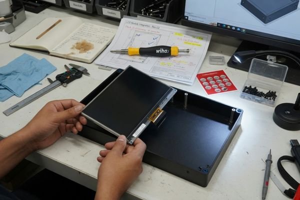 An image showing an LCD module being assembled into a prototype enclosure with cable routing, cover glass, mounting brackets, and inspection tools
