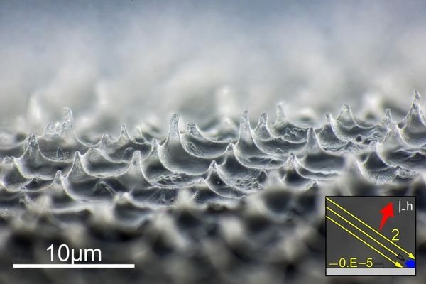 A microscopic view of a textured anti-glare surface used to create haze