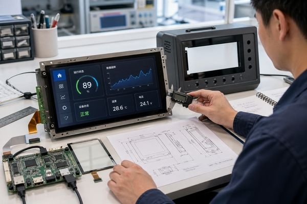 Engineer measuring an industrial LCD module during device enclosure integration with controller board, mechanical drawing, and touch panel components