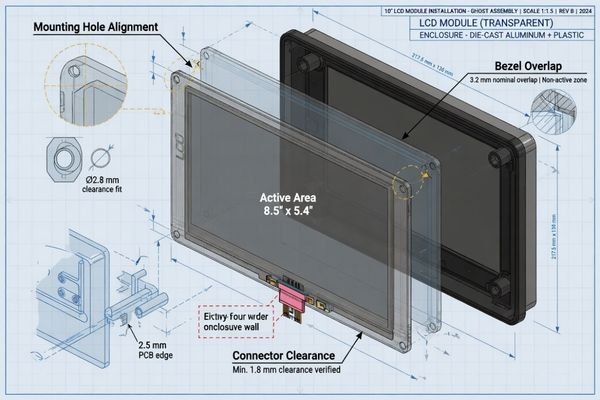 An image showing a CAD model of an LCD module being fitted into a device enclosure, with callouts for key mechanical checkpoints like mounting holes, connector clearance, and bezel overlap