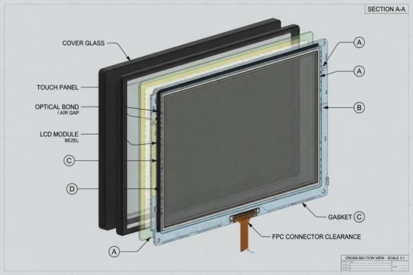 A technical drawing or CAD model showing the cross-section of an LCD module mounted in an enclosure, highlighting key dimensions like bezel overlap and connector clearance