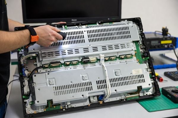 An image of an engineer inspecting the rear of an LCD module for connectors and mounting points