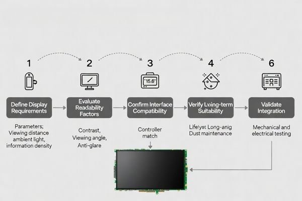 Flowchart showing a systematic engineering approach to selecting an LCD display module for industrial cabinet applications
