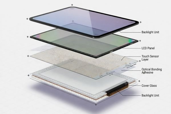 An exploded view of an LCD module stack-up, showing the different layers like the panel, backlight, touch sensor, and cover glass