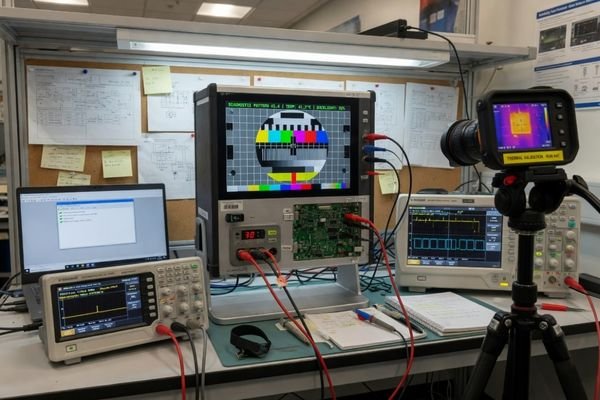 An image showing an LCD module being tested inside a device enclosure with cables, controller board, touch panel, and thermal measurement equipment