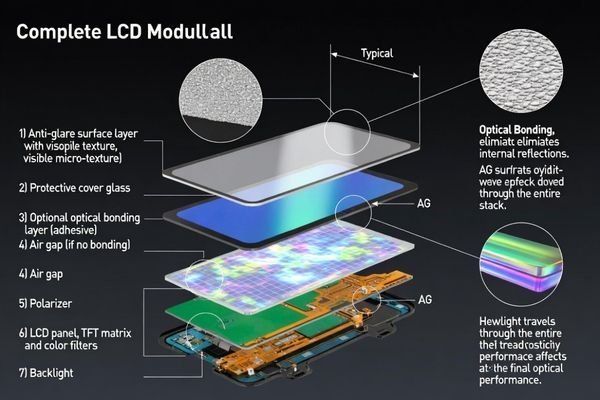 A cross-section diagram of an LCD module showing the LCD, air gap, cover lens, and AG surface treatment