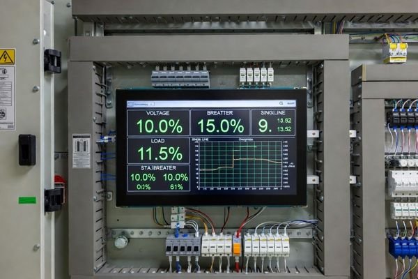 Industrial LCD display module on a power distribution cabinet showing electrical status and load data