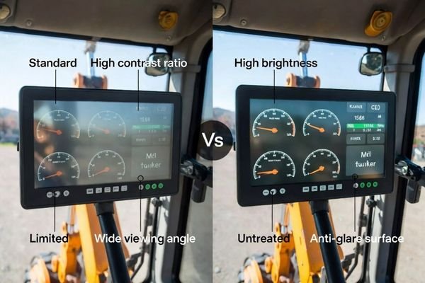 A side-by-side comparison of a standard display and a high-brightness, wide-viewing-angle display in a bright setting