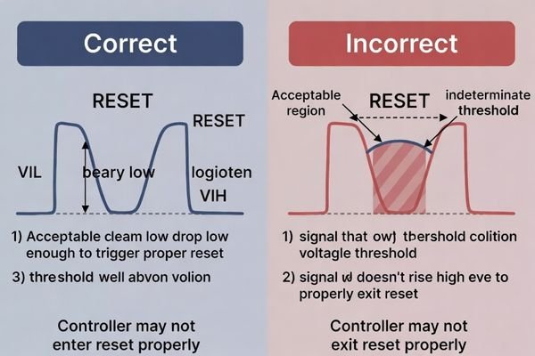 Voltage threshold diagram comparing valid and marginal RESET logic levels for LCD controller input