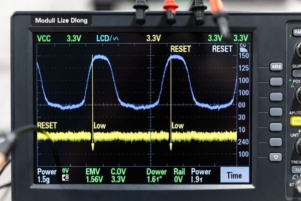Oscilloscope capture showing LCD module power rail rise followed by RESET timing waveform