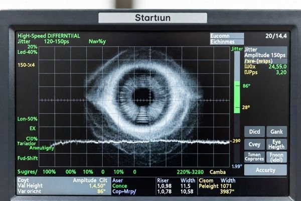 An oscilloscope screen showing a degraded eye diagram for a high-speed signal