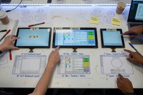 An image showing different LCD module sizes and aspect ratios being compared with UI layout sketches for a device