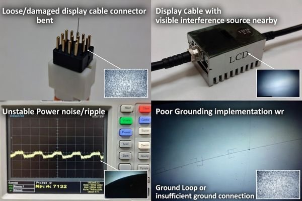 A collage showing a loose connector, display cable, noisy power waveform, and EMI-related hardware sources