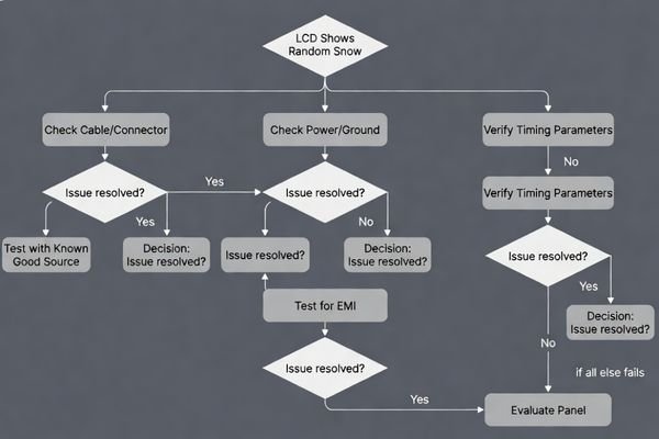 A flowchart showing step-by-step fault isolation for random snow on an LCD display module
