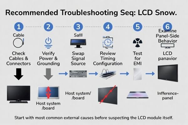 A simple step-by-step troubleshooting sequence for locating random snow faults on an LCD display module