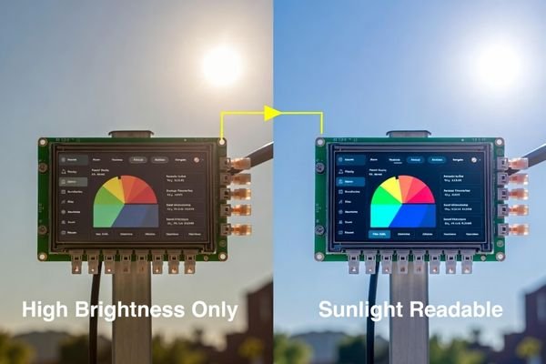 An LCD display comparison showing one screen washed out in sunlight and another remaining readable outdoors