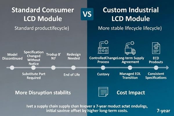 A diagram showing a stable supply chain for a custom module versus a volatile one for a standard consumer display