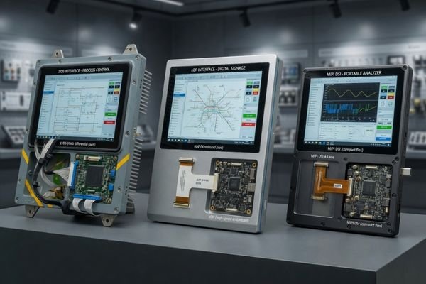 An image showing three product categories: industrial control equipment, a modern high-resolution embedded device, and a compact SoC-based handheld system