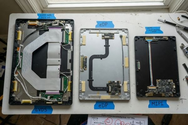 An image showing a wide LVDS cable next to thinner eDP and MIPI-style routing paths inside different product enclosures