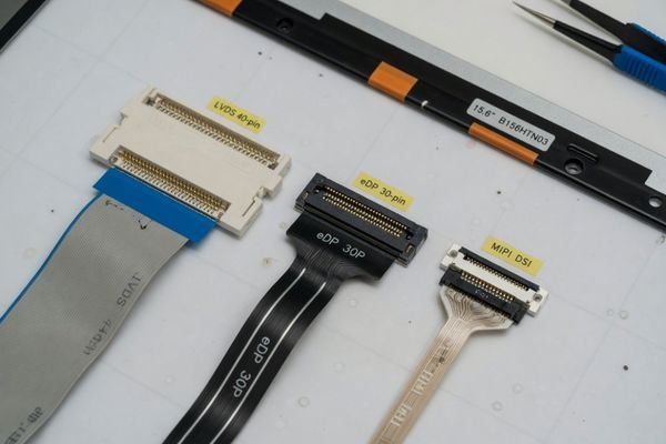 An image showing three different connectors side-by-side representing LVDS, eDP, and MIPI DSI interfaces